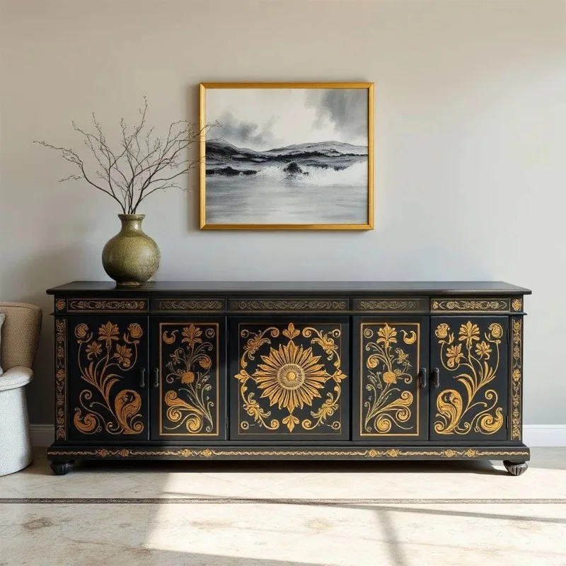 Solid wood carving flower painted entrance cabinet living room locker storage cabinet