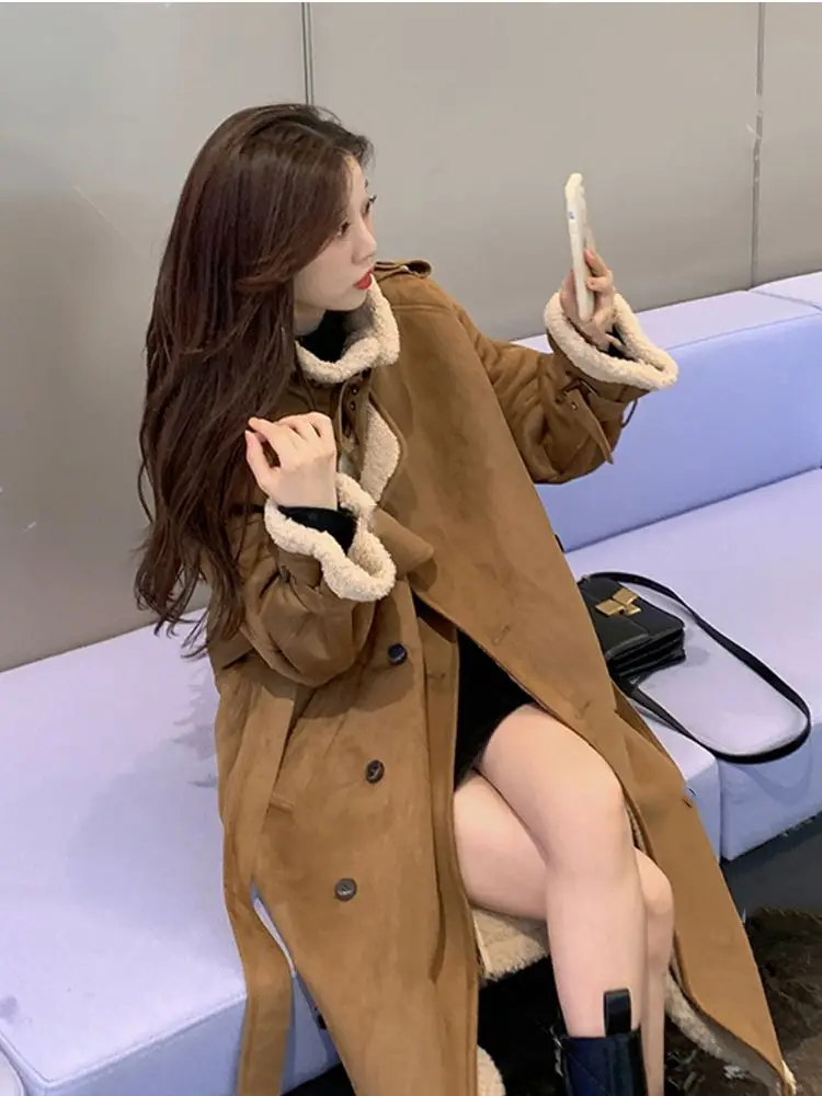 Lamb Suede Fleece Overcoat Women Autumn Winter Medium Length Plush Thicken Jacket Fur Long Lamb Wool Coat With Cashmere Outwear