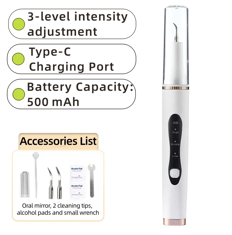 Ultrasonic Teeth Cleaner 3 Modes Oral Teeth Stain Plaque Remover Type‑C Rechargeable Dental Cleaning Tool
