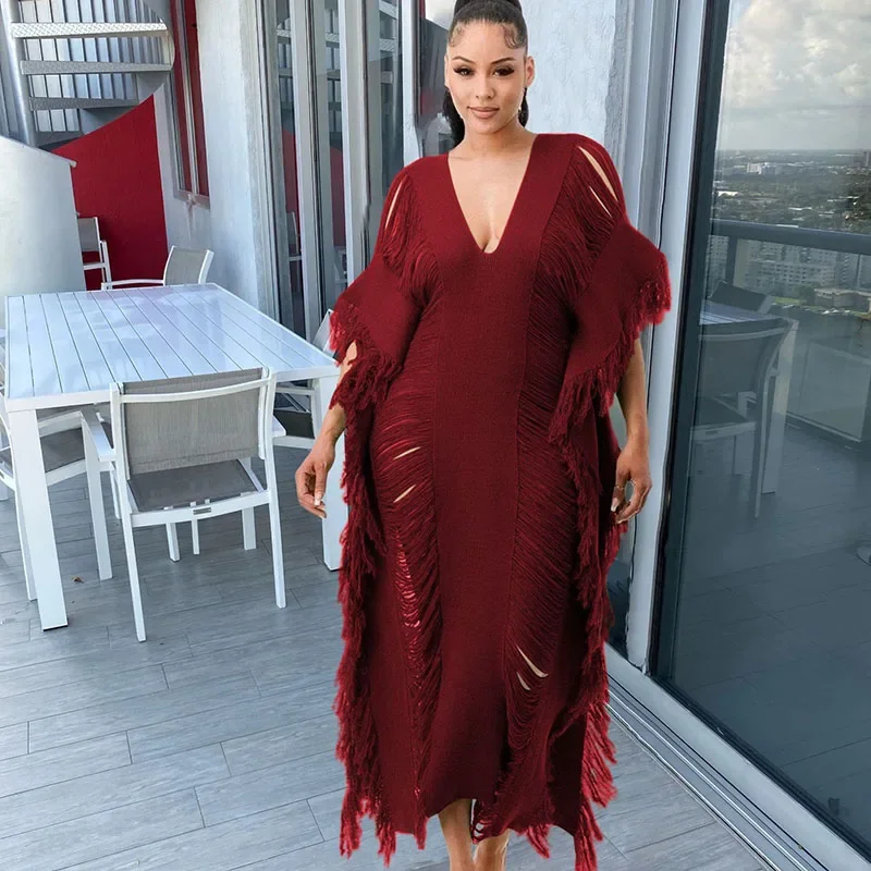 Sexy Crochet Knitted Hole Tassel Party Long Dress Fall Outfits Women Nightclub Loose Straight Sheer Maxi Dresses Tunics Vestidos