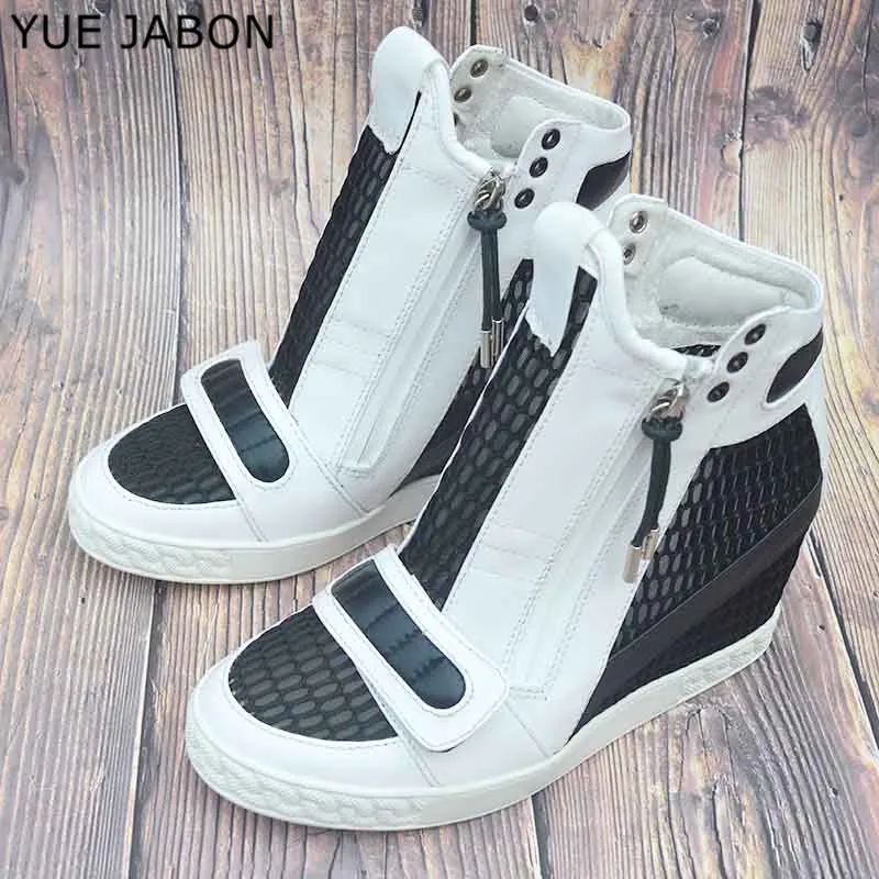 Classic Mixed Color Height Increasing Shoes Patchwork Ankle Boots Woman Cuts Out Lace Up Casual Wedge Black Sneakers Zip Design