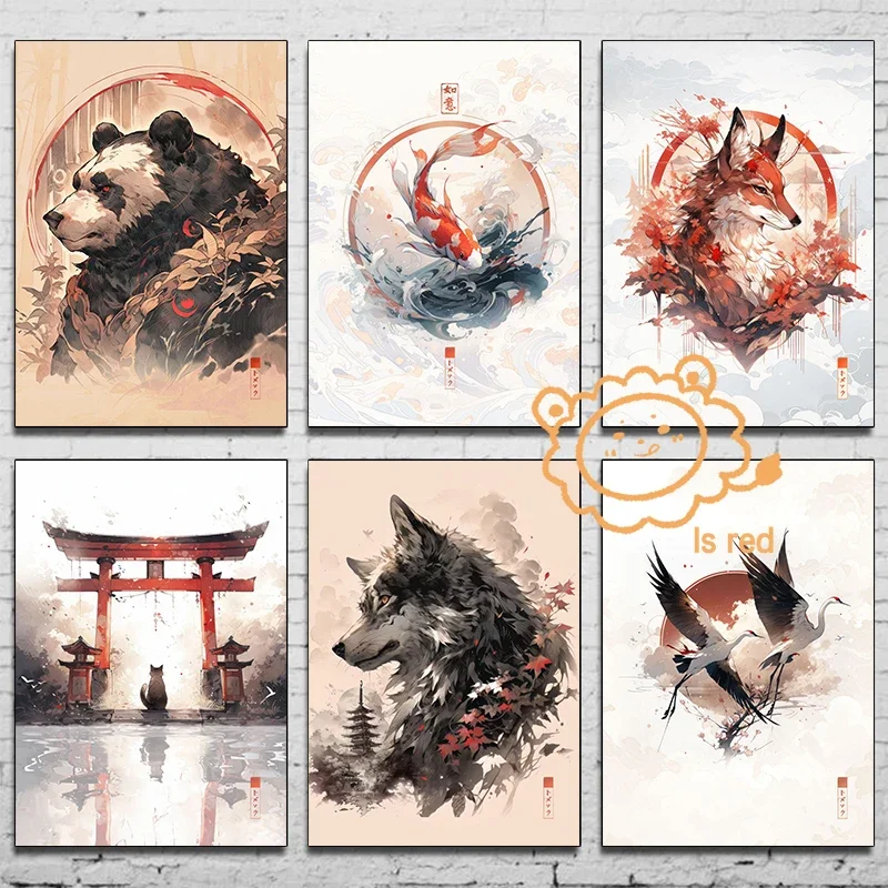 Póster de animales japoneses, puerta Torii, señora, zorro, águila, lienzo impreso, decoración de pared, pintura sin marco para decoración del hogar y la sala de estar
