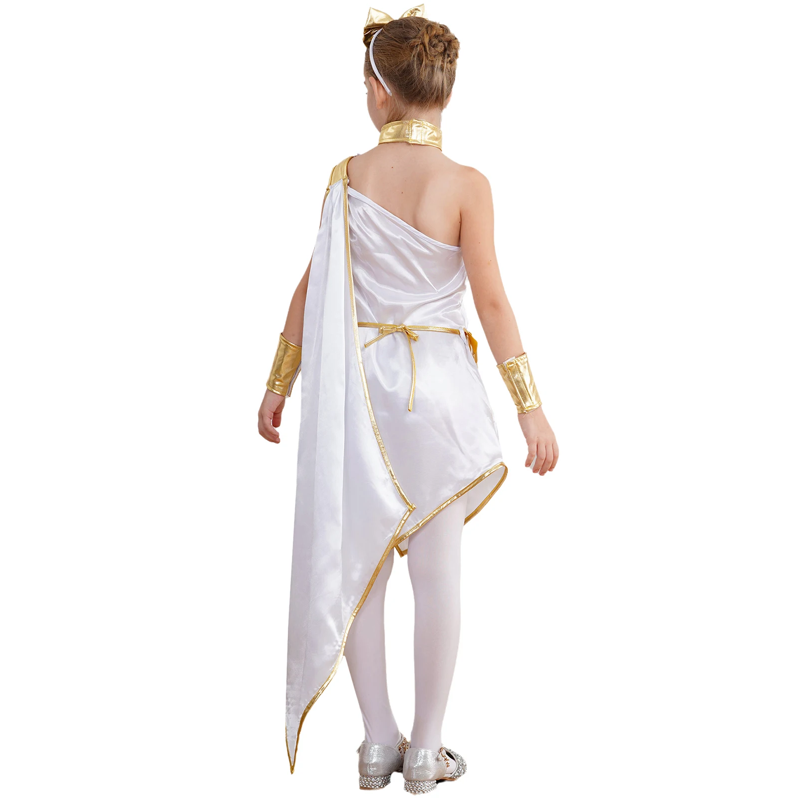 Girls Halloween Ancient Greek Toga Princess Cosplay Costume Slant Shoulder Dress with Hair Hoop Waistband Wrist Bands Choker Set