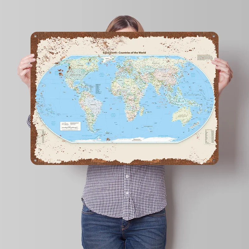 Equal Earth Countries of the World Map Tinplate Poster Customized Wall Art Vintage Metal Signs Retro Tin Plaque for Desk Decor