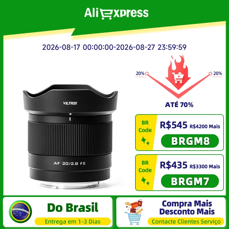 【 Do Brasil 】 VILTROX 20mm F2.8 para Sony E-mount para Nikon Z-mount Camera Lens Full Frame Ultra Wide Angle Auto Focus Vlog Lens para A7C A6400