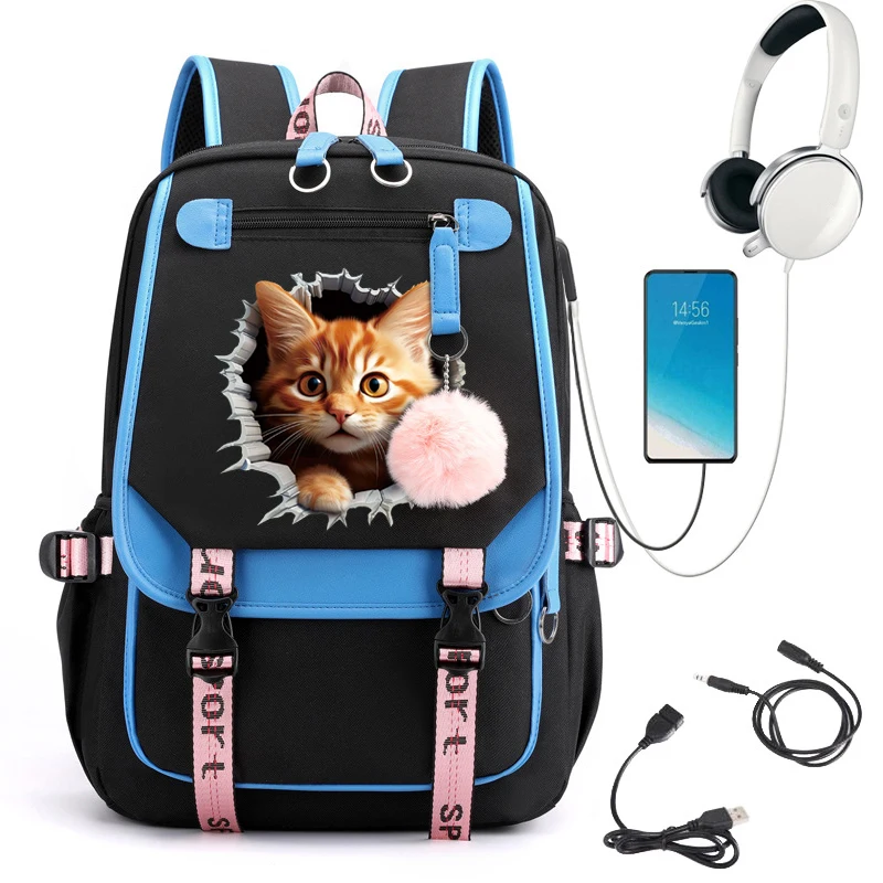 Kawaii Cat Print Backpack Children School Bags for Girls School Backpack Bag Waterproof Primary Schoolbag Book Bag Usb Mochila