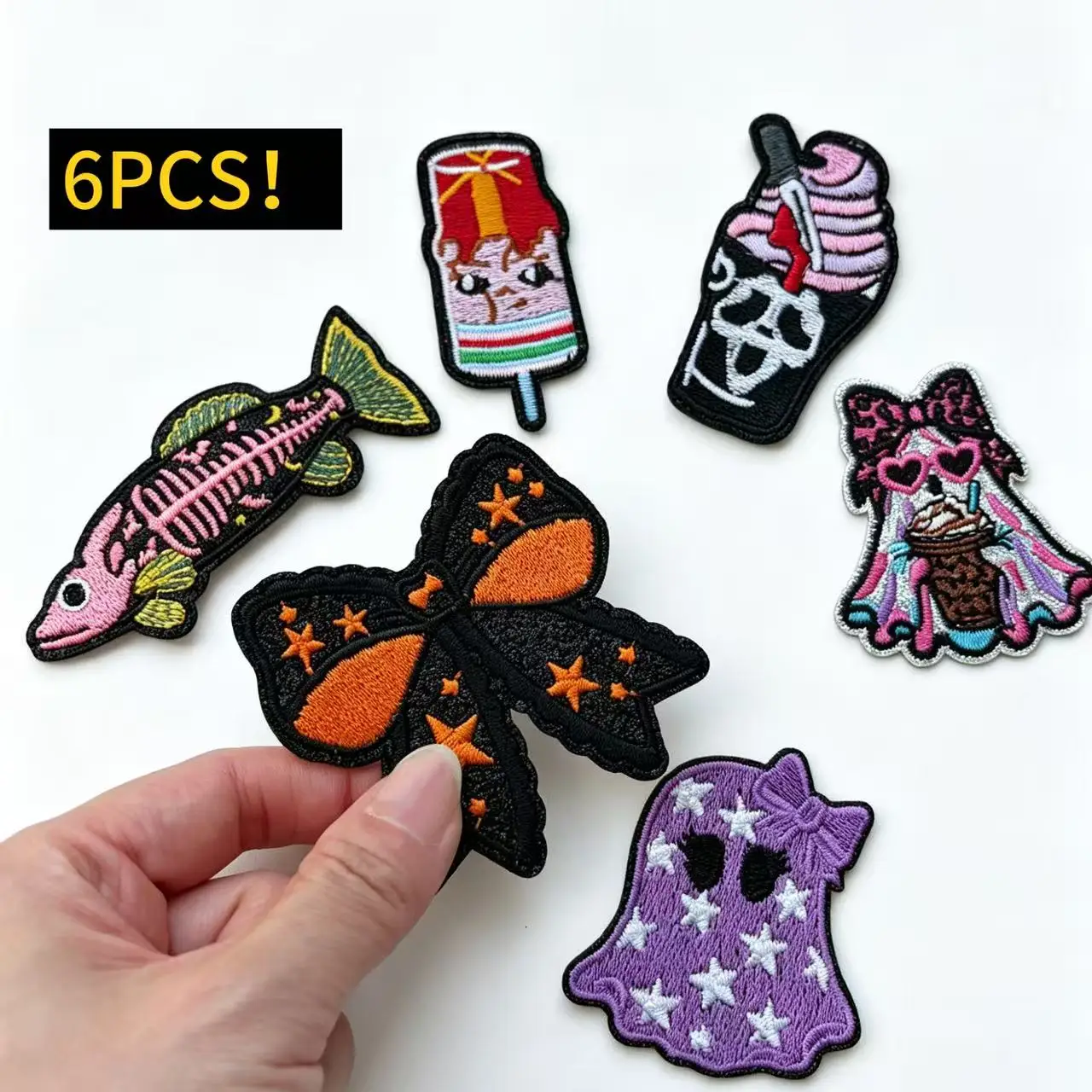 6Pcs Halloween Theme Embroidered Iron On Patches, Skull Ghost Pumpkin Spider Design Fabric Patch Badge  Party Costume Applique