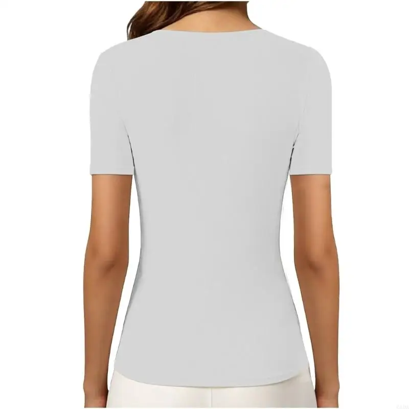 Women V Neck Short Sleeve Ribbed Top with Padded Bra Fit Yoga Activewear 6XDA
