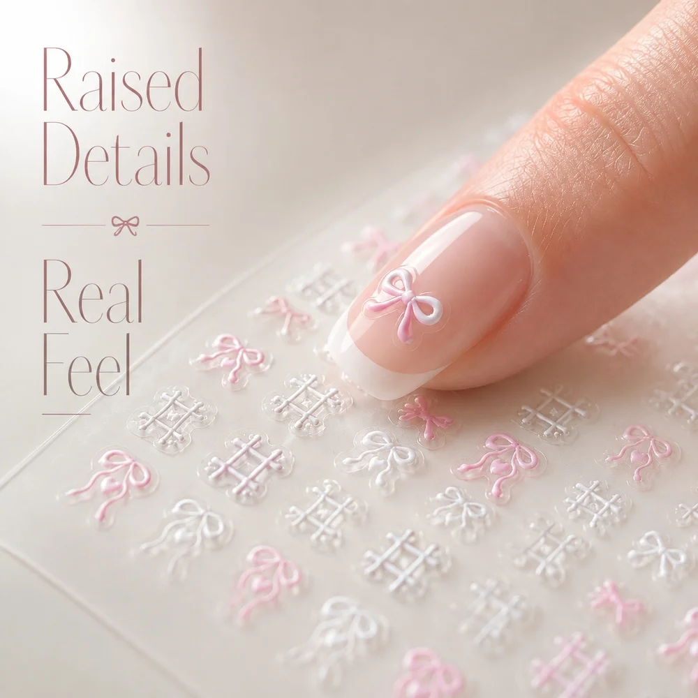 1Pc Y2K Aesthetic Nail Decals 5D Raised Pink White Check Bow Heart Pattern Waterproof Single Sheet Self Stick Nail Sticker