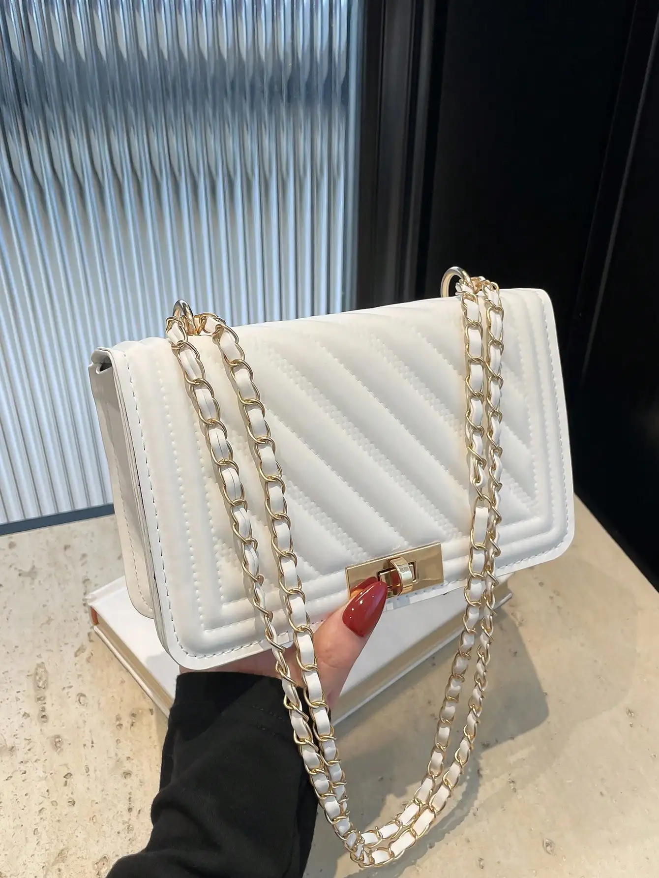 

White Quilted PU Leather Chain Strap Crossbody Bag with Gold Clasp