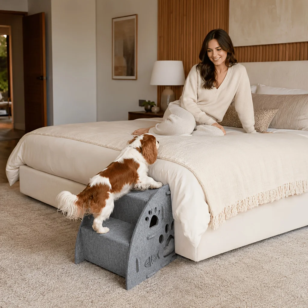 Graue Filz-Haustiertreppe für Bett und Sofa, Kletterhilfe für Katzen und Hunde mit Pfotenausschnitt, für kleine, ältere, kurzbeinige Katzen, Hunde und Haustiere – Detail 6