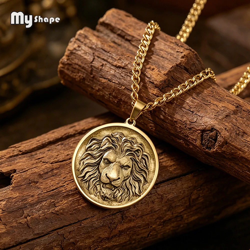 Vintage 3D Embossed Lion Snake Coin Necklace Antique Brass Relief Lion Head Twisted Snake Medal Necklace Jewelry Strength Gifts