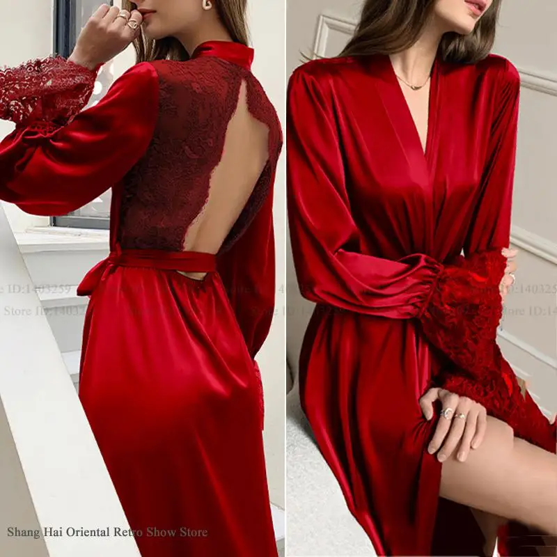 Women Long Kimono Bathrobe Nightgown Sexy Backless Lace Bride Wedding Robe Dress Ice Silk Female Sleepwear Loungewewar Homewear view 2