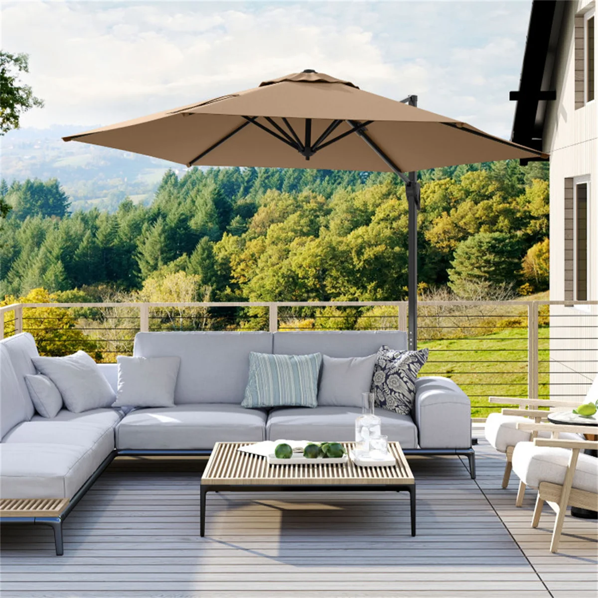 

9x8.2FT Cantilever Patio Umbrella, Double-Tier Vented Offset Umbrella for Garden Pool-Brown