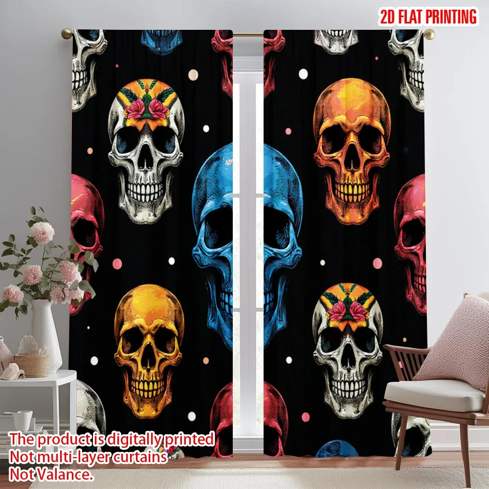 2pcs 2D flat printing Window Curtains Bright colorful skeleton Polyester Without Electricity Holiday Decorations Perfect for