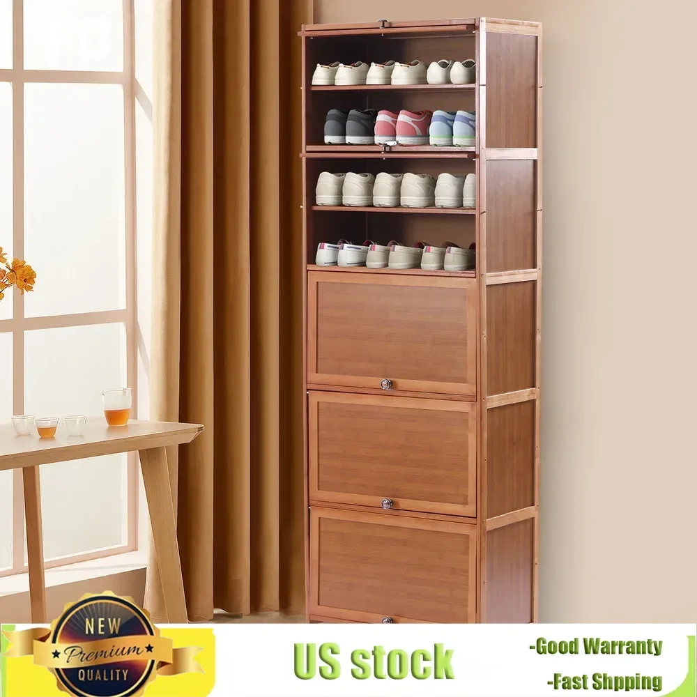 Bymaocar 10 Tiers Storage Tall Bamboo Shoe Cabinet Brown Entryway Shoe Rack Floor Mounted w/ Novel Cabinet Door Easy to Assemble