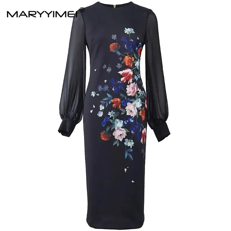 

MARYYIMEI Designer Autumn Winter Elegant Party Dress Women's Fashion Lantern Sleeve Flower Print Package Buttocks Dresses