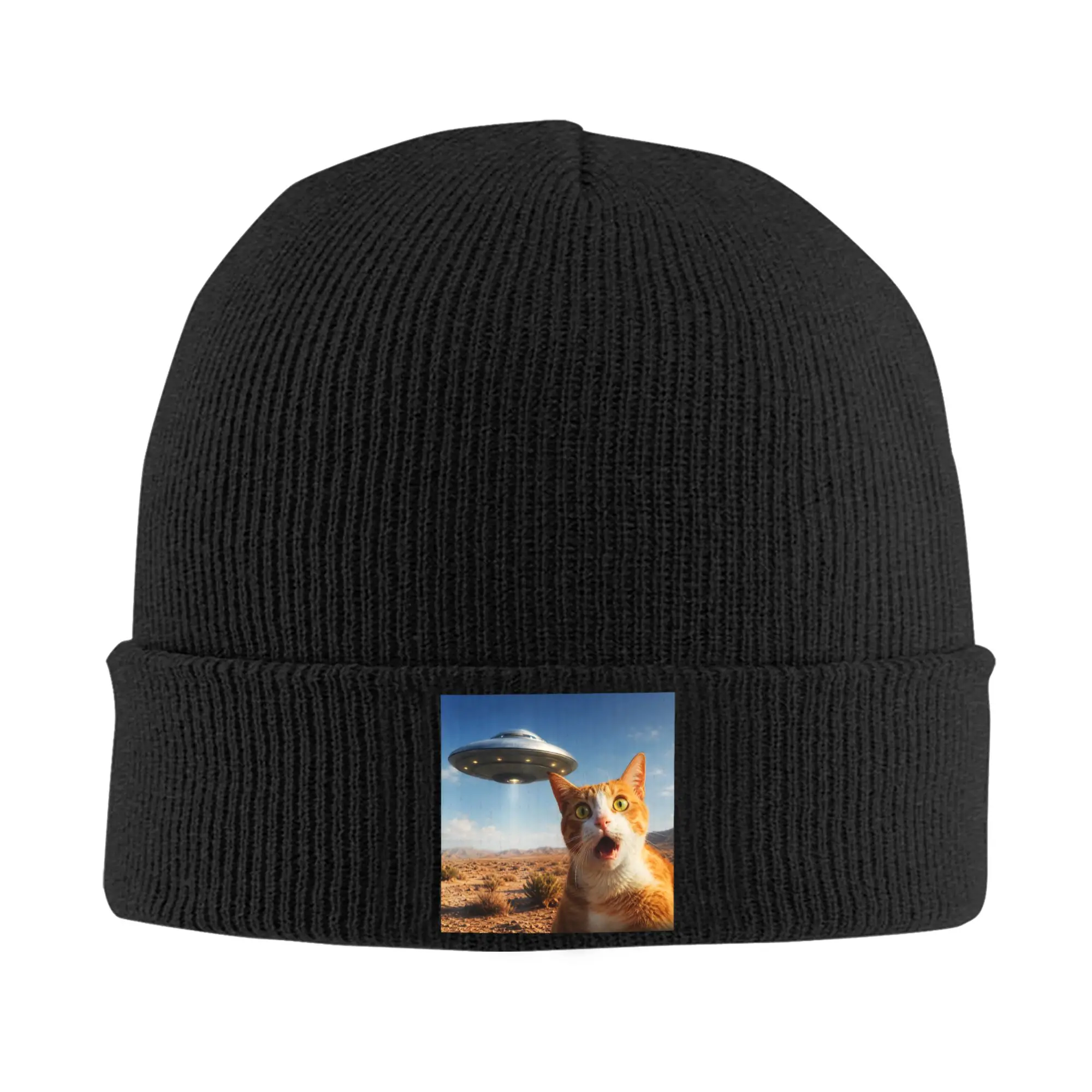 Men Women Funny Shocked Cat UFO Desert Alien Encounter Beanie Hats  Knitting Hat Winter Hippie Caps Thermal Elastic Bonnet Hats