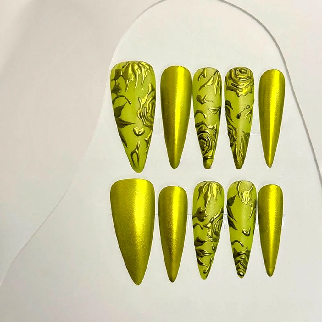 10pcs Handmade With Glue Fake Nails Tips With Design Detachable Press On Nails Long Fake Nail Finished Nail Piece Sticker Nails