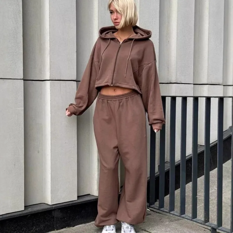 

2025 New Women's Solid Color Zip-Up Drawstring Hoodie & Elastic Waist Sweatpants Two-Piece Lounge Set Comfy Casual Tracksuit