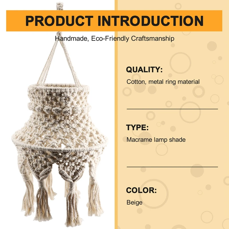 Macrame Lamp Shade Boho Hanging Pendant Light Cover, Chandelier Shade for Bedroom Living Room Nursery Dorm Home Decor-A55K