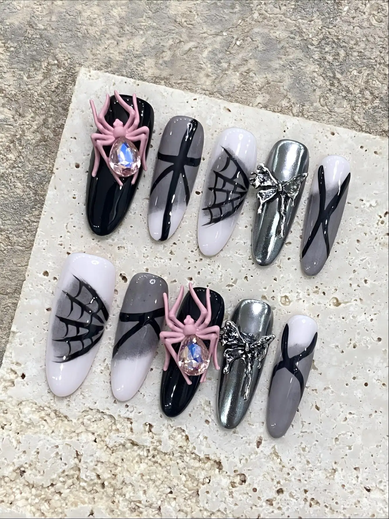 10PCS Handmade Press On Nails,Halloween Personality Funny Pink Spider Punk Style,Suitable For Parties And Daily Wear.