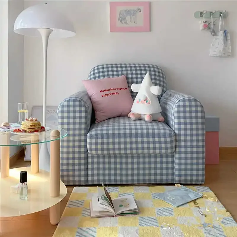 Sofa cream blue and white plaid shop photography small square single pastoral Nordic French sofa