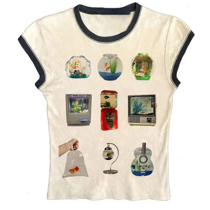 Sexy Women Printing Women T-Shirt Slim Crop Top Retro Casual Tee Y2k Top Streetwear Tops Short Navel Female Clothes Emo girls