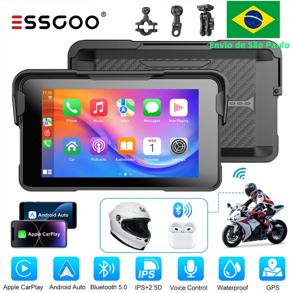 ESSGOO Monitor Portátil para Moto com Tela IPX de 5 Polegadas, Carplay Sem Fio, DVR, Navegação GPS e Android Auto
