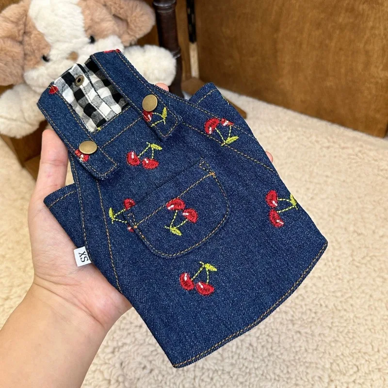 Four Seasons Pet Dog Clothes Cherry Denim Puppy Skirt Cat Dog Denim Suspender Dress Pumpkin Teddy For Small Dog Dresses