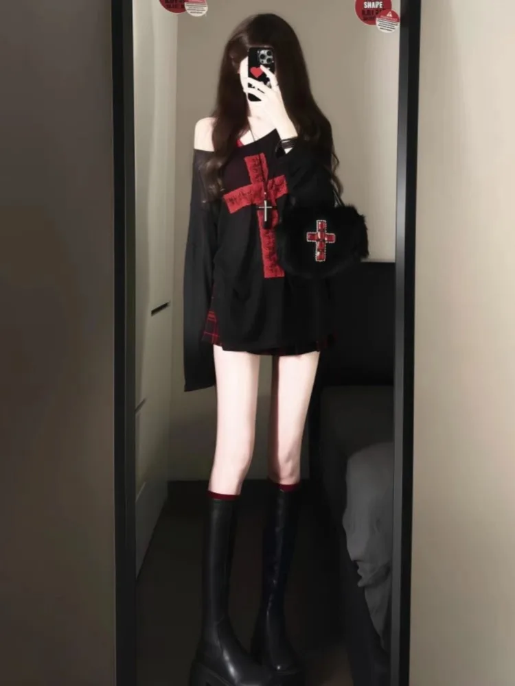 Kimotimo Black Cross Print Long Sleeve T-shirts Women American Retro Micro Transparent Loose Thin Tops Y2k Harajuku Gothic Tees