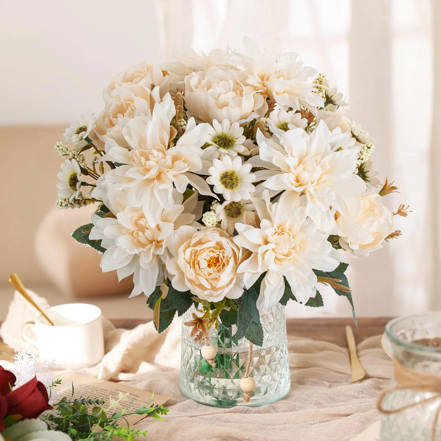 

5Pcs Artificial Flowers Silk Dahlia Roses Daisy Home Room Table Garden Decor Outdoor Wedding Bridal Bouquet Festival Diy Gifts