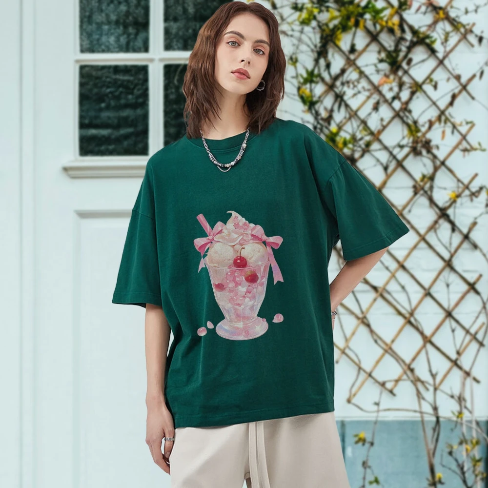 Y2K Clothes Ice Cream Parlor Tee 100% Cotton, High - Quality Oversize Green Tee. Decorated Ice Cream Cup, Girly Y2K Vibe