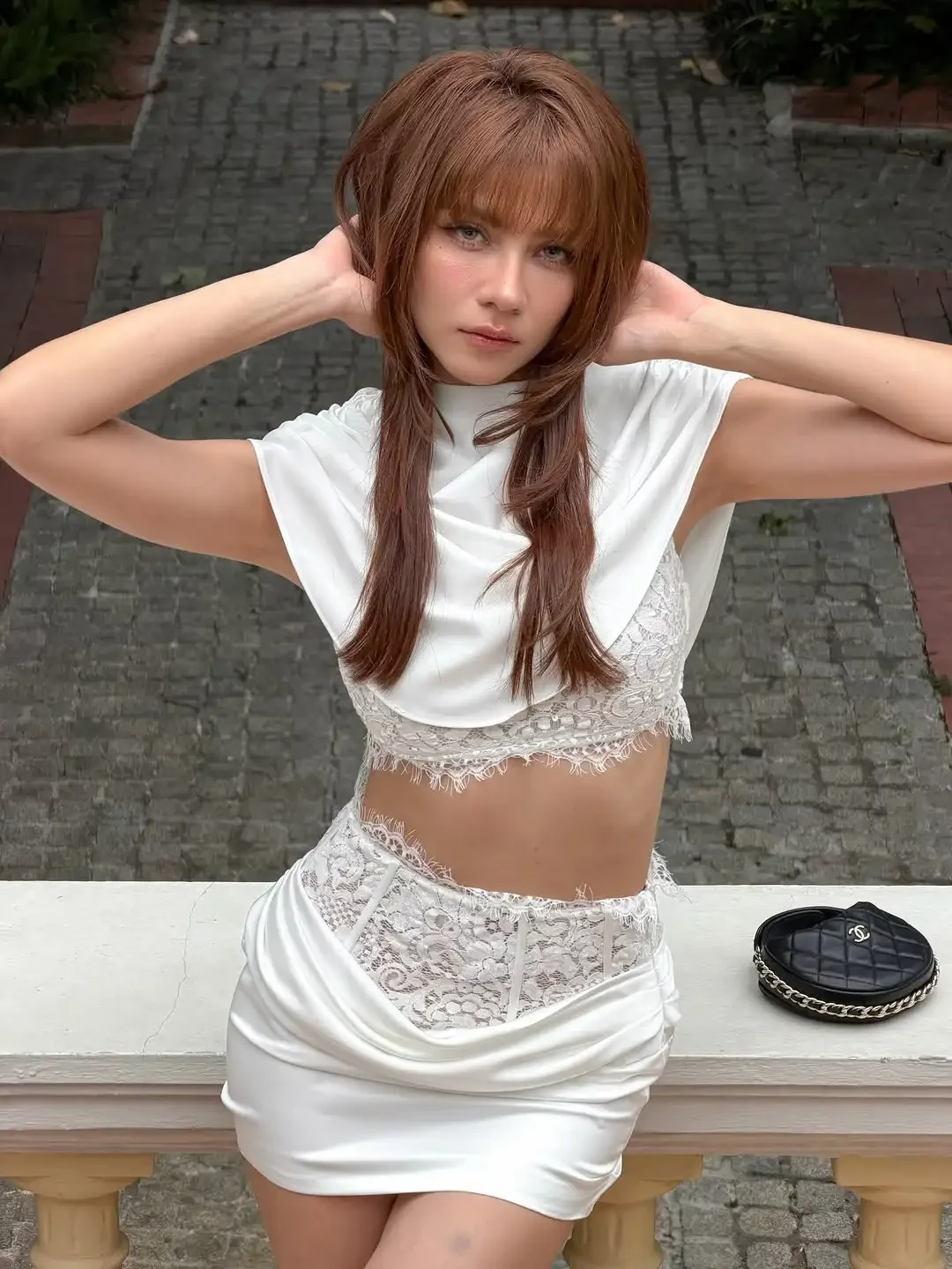 White Satin Draped Lace 2 Piece Skirt Set Elegant High Neck Sleeveless Ruched Slim Outfit 2026 Summer Dating Club Party Playsuit
