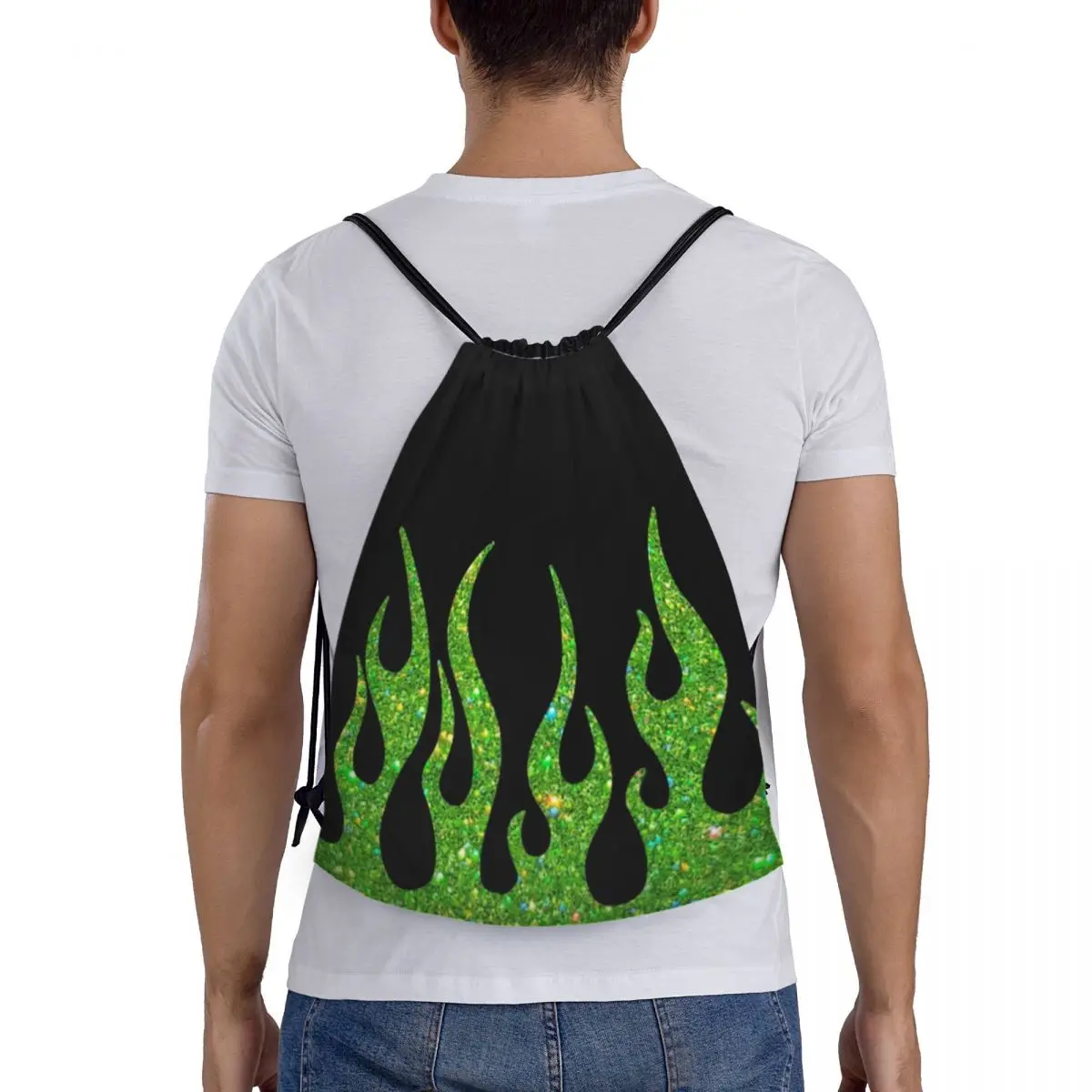 Custom Green Glitter Flames Drawstring Bags for Training Yoga Backpacks Men Women Vintage Fire Aesthetic Sports Gym Sackpack