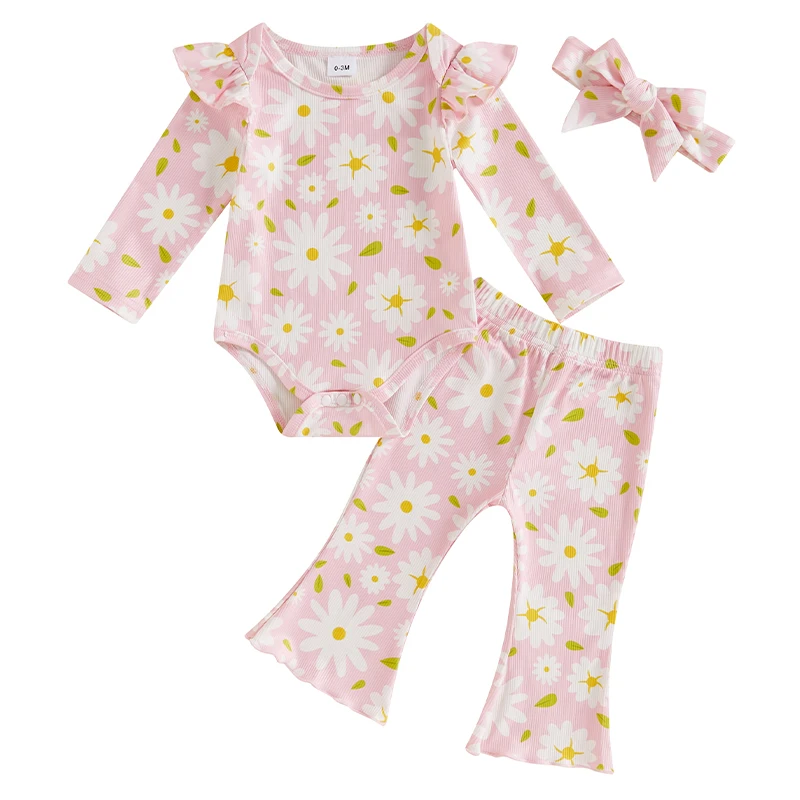 

Baby Girls Fall 3PCS Sets Flying Sleeve O Neck Romper Flower Print Flared Pants Headband Sets