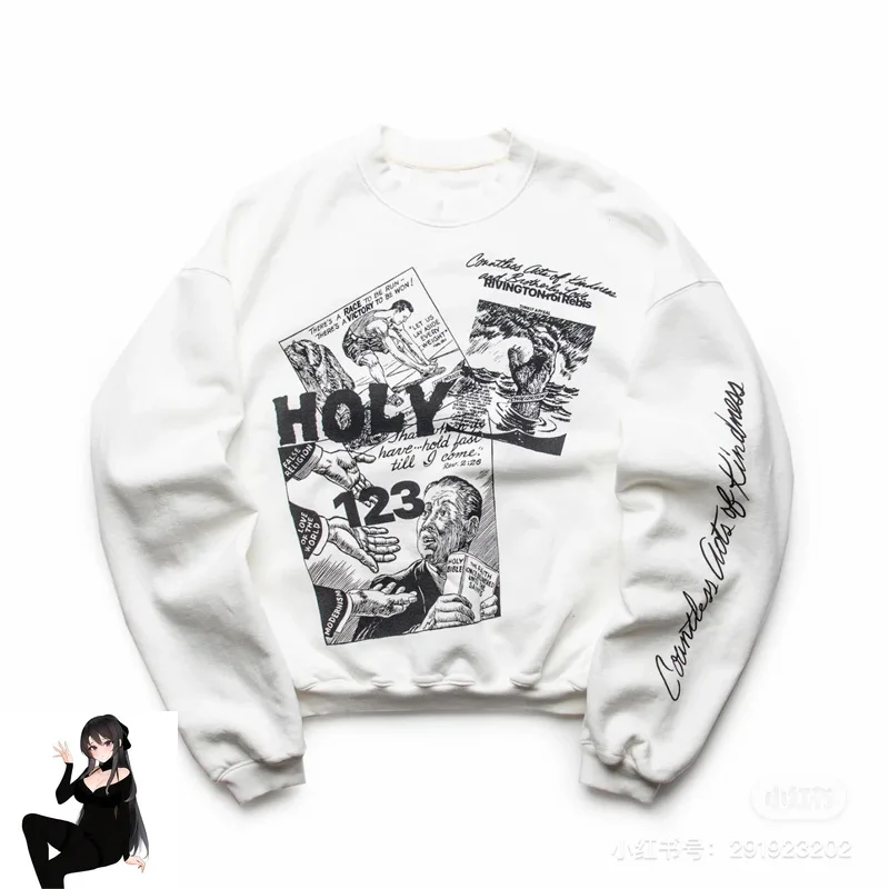 Holy Club RRR123 Newspaper Graffiti Print Fleece Sweatshirts Men Women Washed Distressed Loose Hoodie