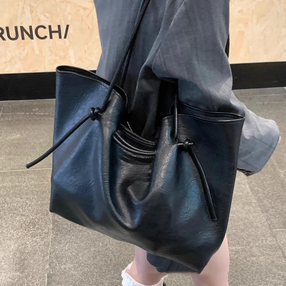 Chic Large Capacity PU Leather Tote Bag Soft Drawstring Shoulder Bag With Coin Purse Polyester Lining Handbag Daily