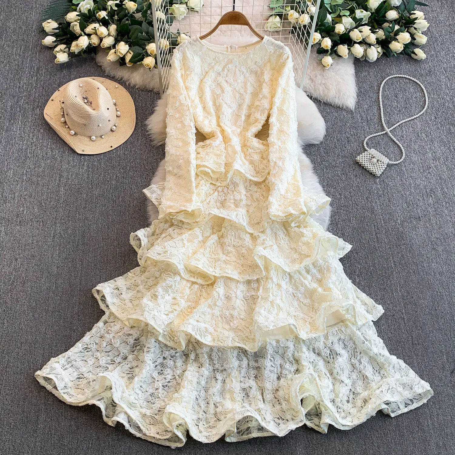 Vestido longo de renda rosa/preto/branco para mulheres, vestido de noite elegante com bordado rosa, manga larga, vestido de festa formal em camadas, novo