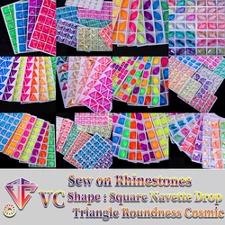 VC Fluorescent Sew on ab Rhinestone Square,Navette Triangle Drop Round Cosmic Sewing Diamond Flatback DIY Accessories Wedding