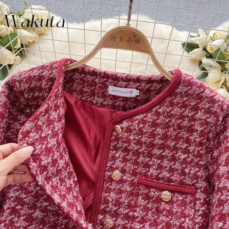 WAKUTA French Retro Round Neck Long-sleeved Tweed Cardigan Jacket Chic Package Hip Half-body Skirt Spring/fall Small Perfume Set