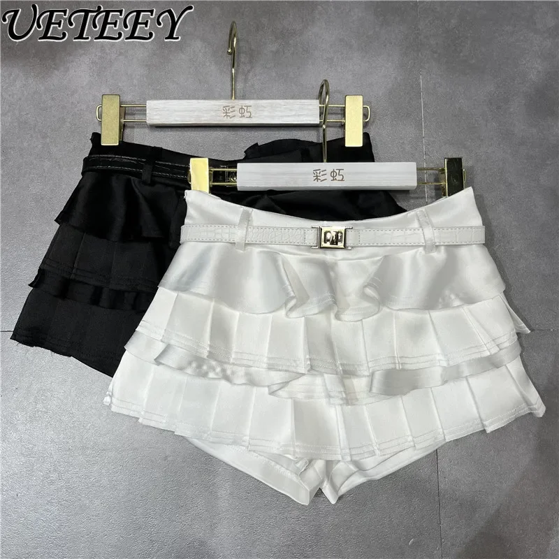 Niche Pleated Ruffle Cake Skirt Women 2024 Autumn New Black White Satin Hip Temperament Sexy Casual Short Skirt Pants with Belt