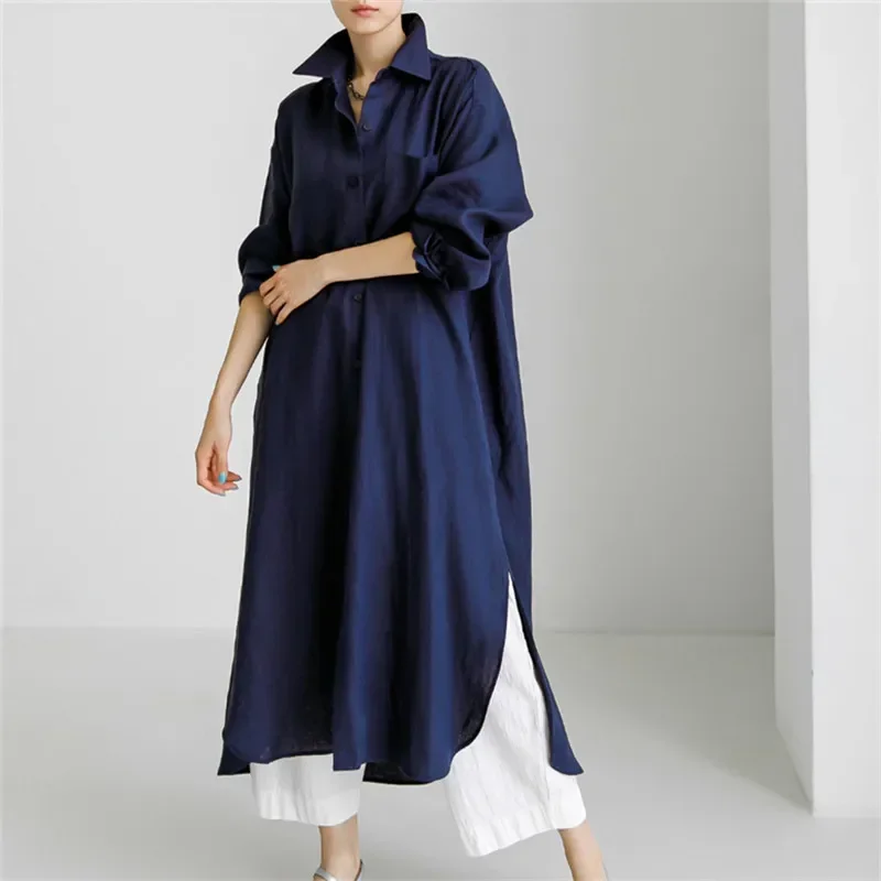 Women's Spring/autumn New Fashion Loose Shirt Dress Over The Knee Long Outside with Cotton Linen Shirt Solid Color Split Dress