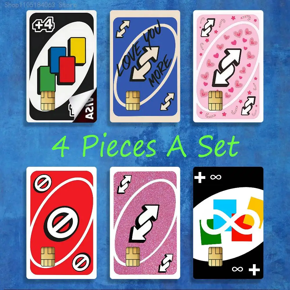 ملصقات Wild Draw Four u-UnO-oS لخصم الائتمان وبطاقة شحن البنك وحافلة مترو المقاومة للماء لتزيين ملصق الديكور