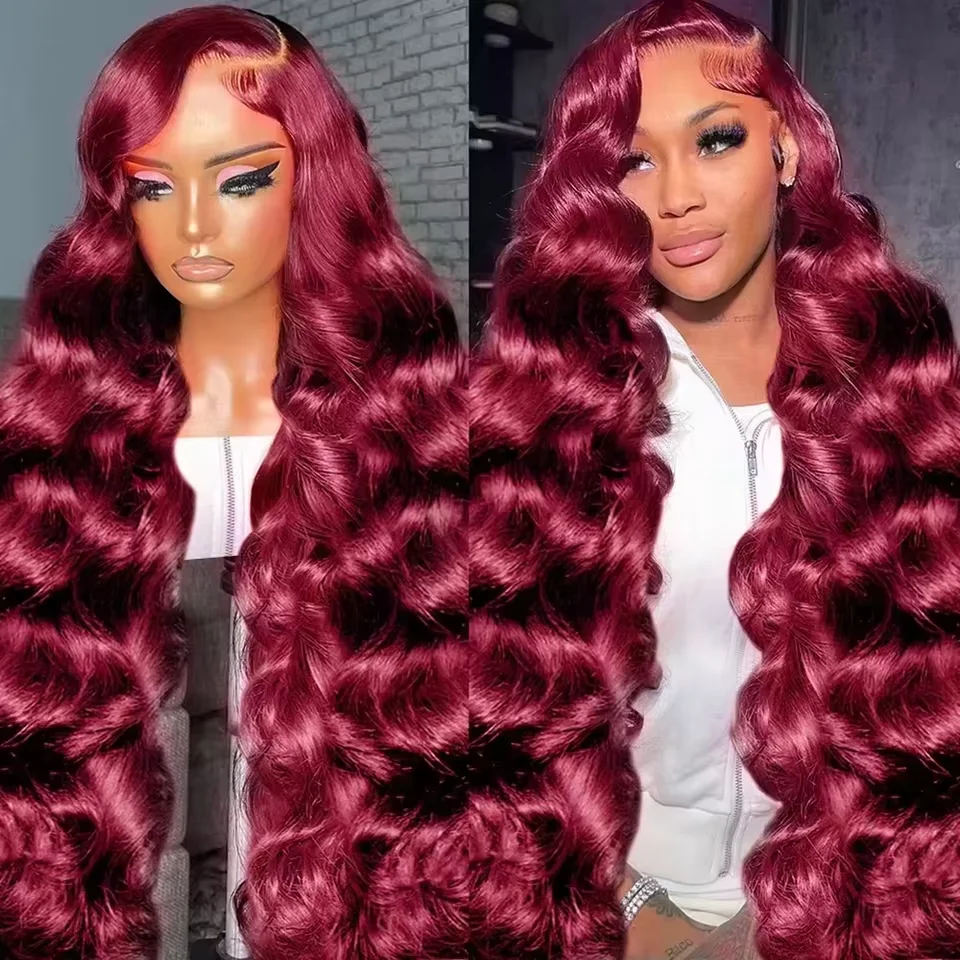 

99j Burgundy Body Wave Human Hair 13x6 HD Transparent Lace Front Wig 13x4 Curly Colored 36 Inch Brazilian Hair For Women