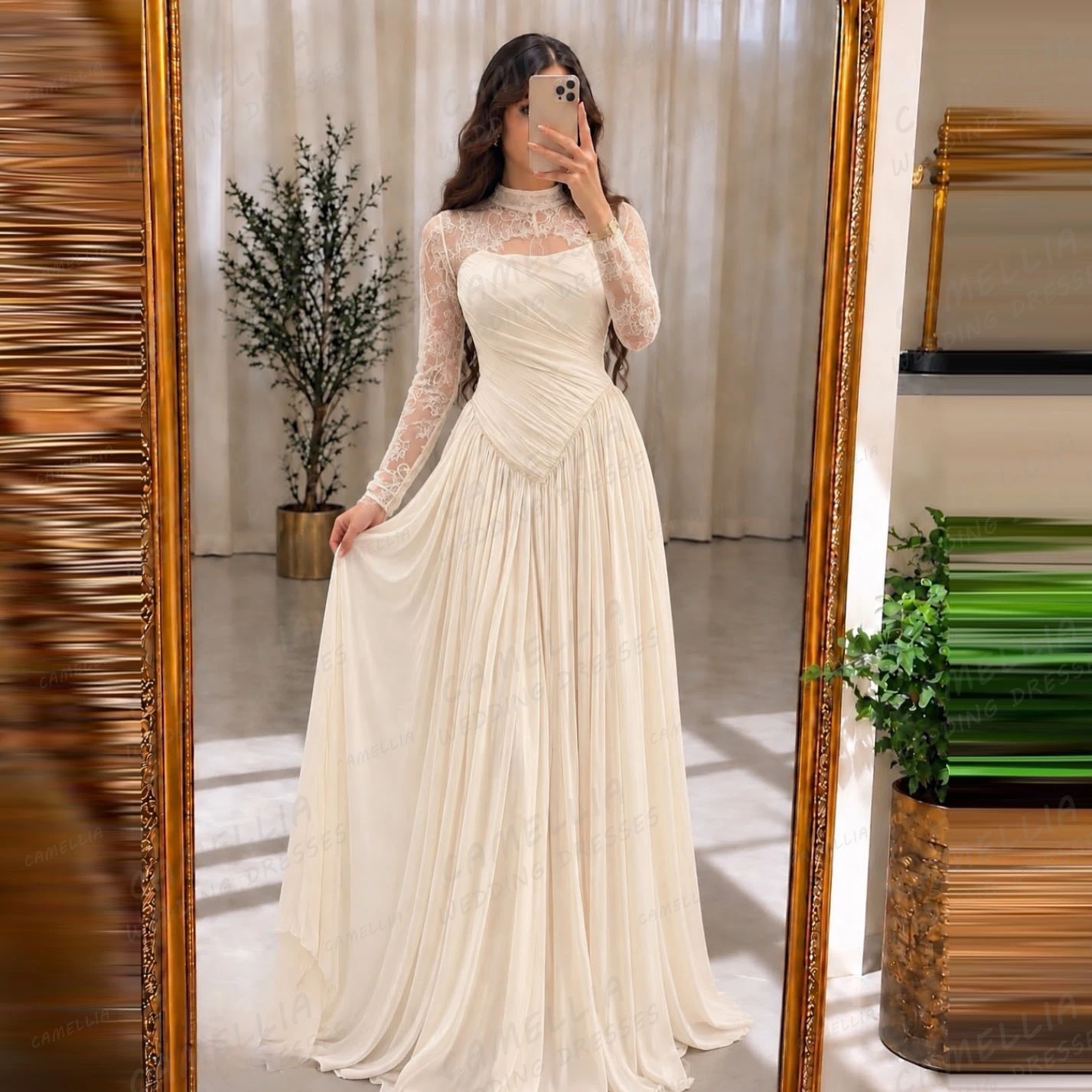 Simple High Neck Wedding Dresses Customized Soft Lace Long Sleeve Women's A Line Bridal Gowns Princess Sexy Vestidos De Novia