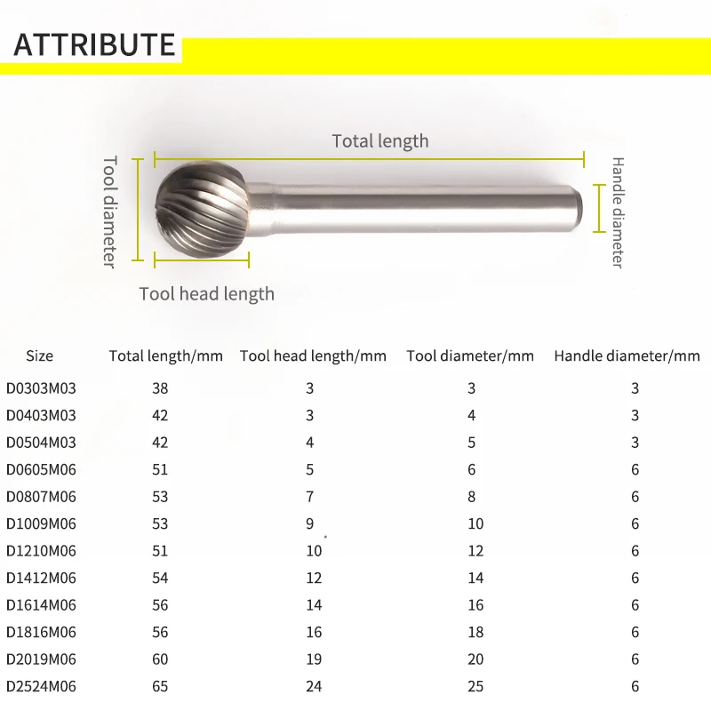 YG8 Alloy Rotary File Carbide Grinding Head Tungsten Steel Milling Cutter File Single Slot Tooth Ball Head Round Ball D-Type