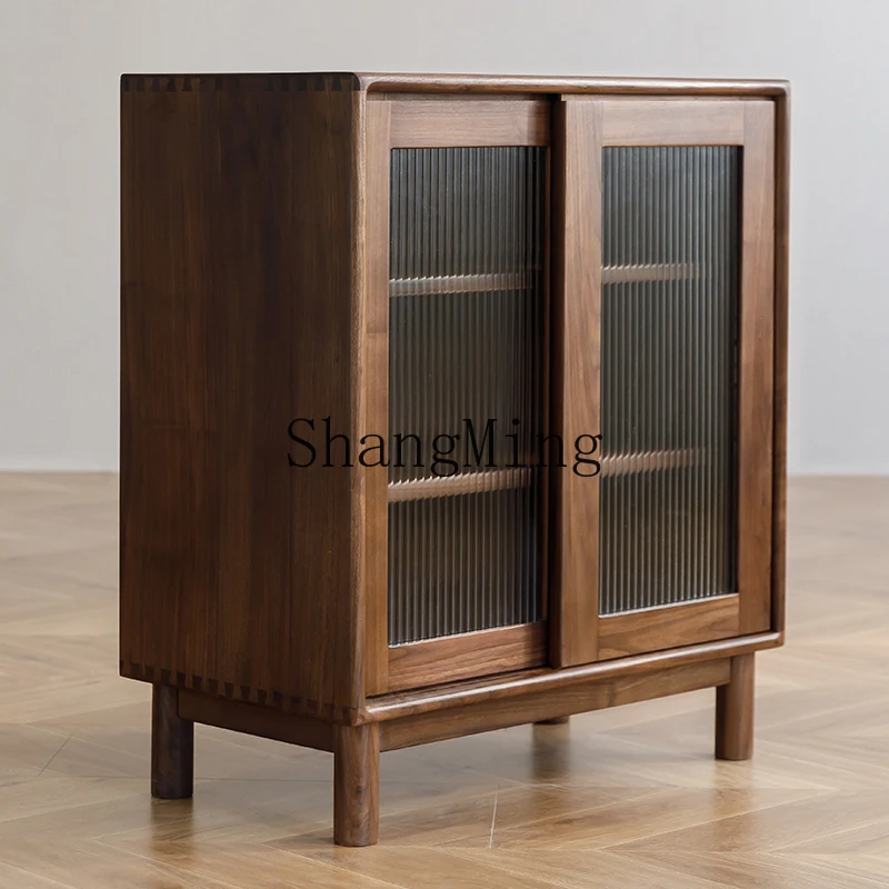 

CL black walnut solid wood bookcase rack floor-to-ceiling low rack with glass door sofa back