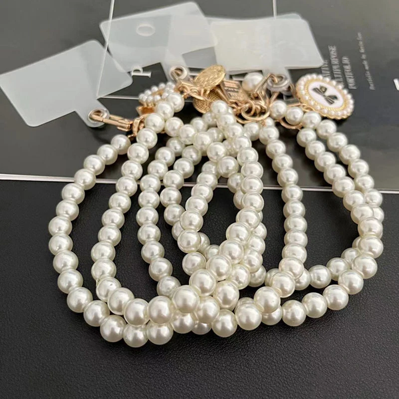 1 Pcs 26CM Short Pearl Lanyard Fashion Rhinestone Pendant Pendant Mobile Phone Lanyard Hand-woven Wrist Strap Anti-lost Lanyard