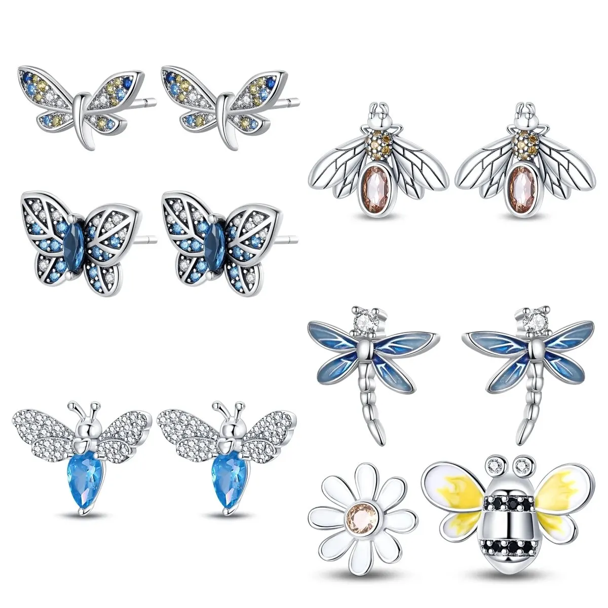 

925 Silver Ear Jewelry Insect Elements Bees Butterflies Dragonflies Design Stud Earrings Luxury Fine Engagement Wedding Earring